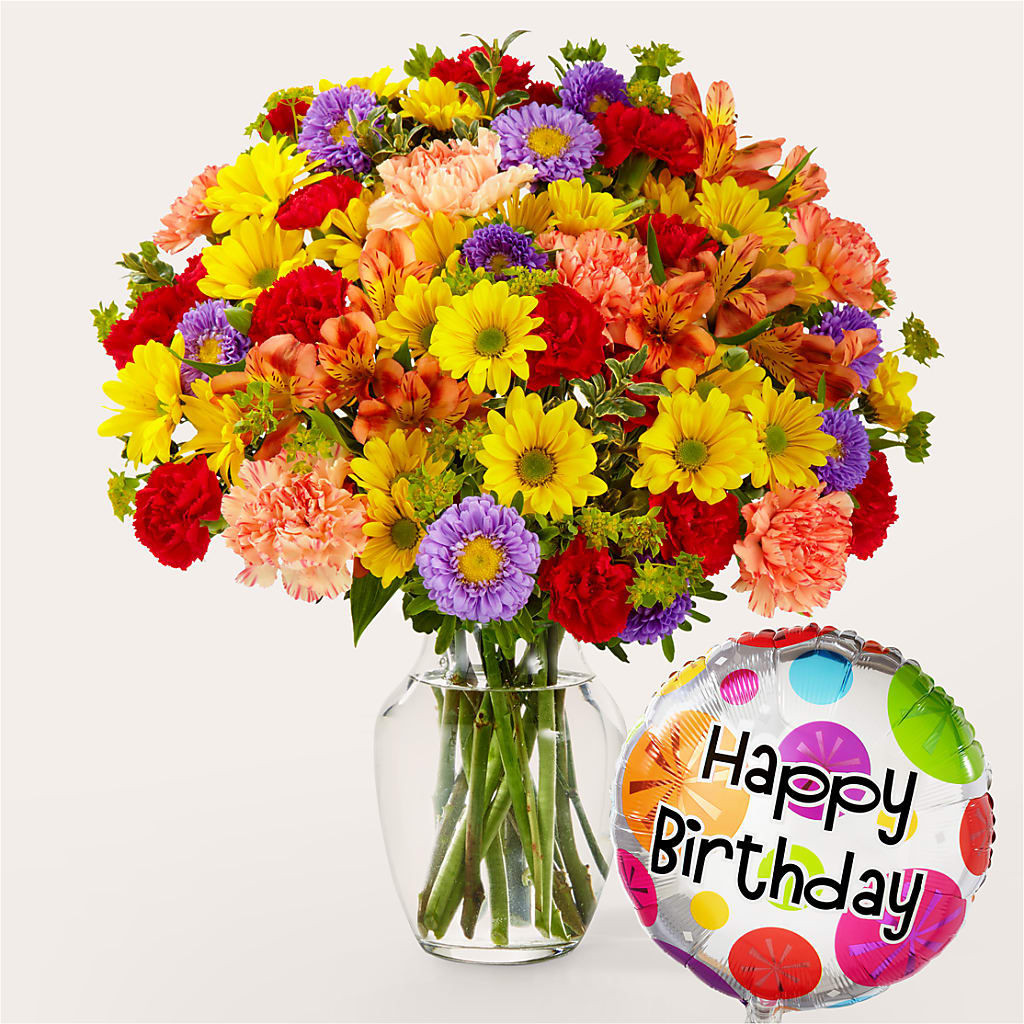 Kaleidoscope Bouquet with Birthday Balloon – Oaxaca Florist, Gaithersburg MD
