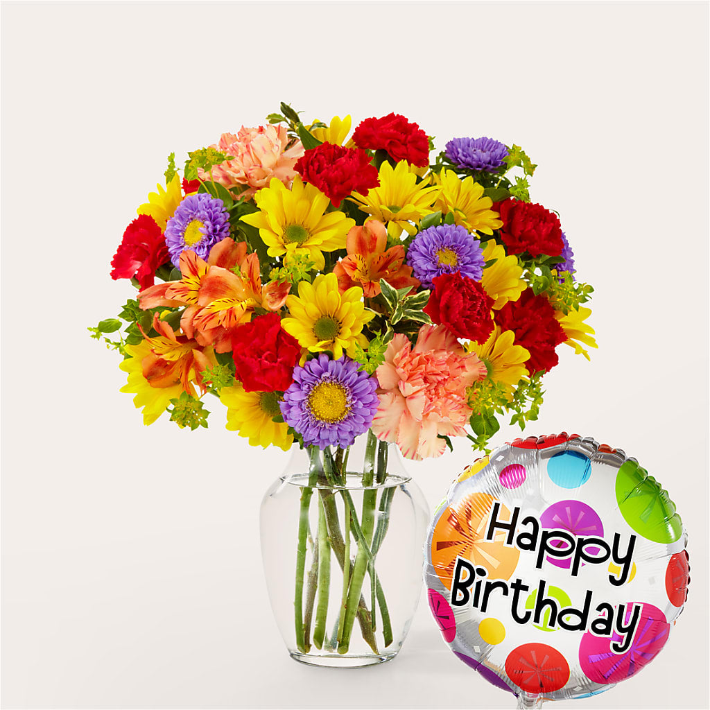 Kaleidoscope Bouquet with Birthday Balloon – Oaxaca Florist, Gaithersburg MD