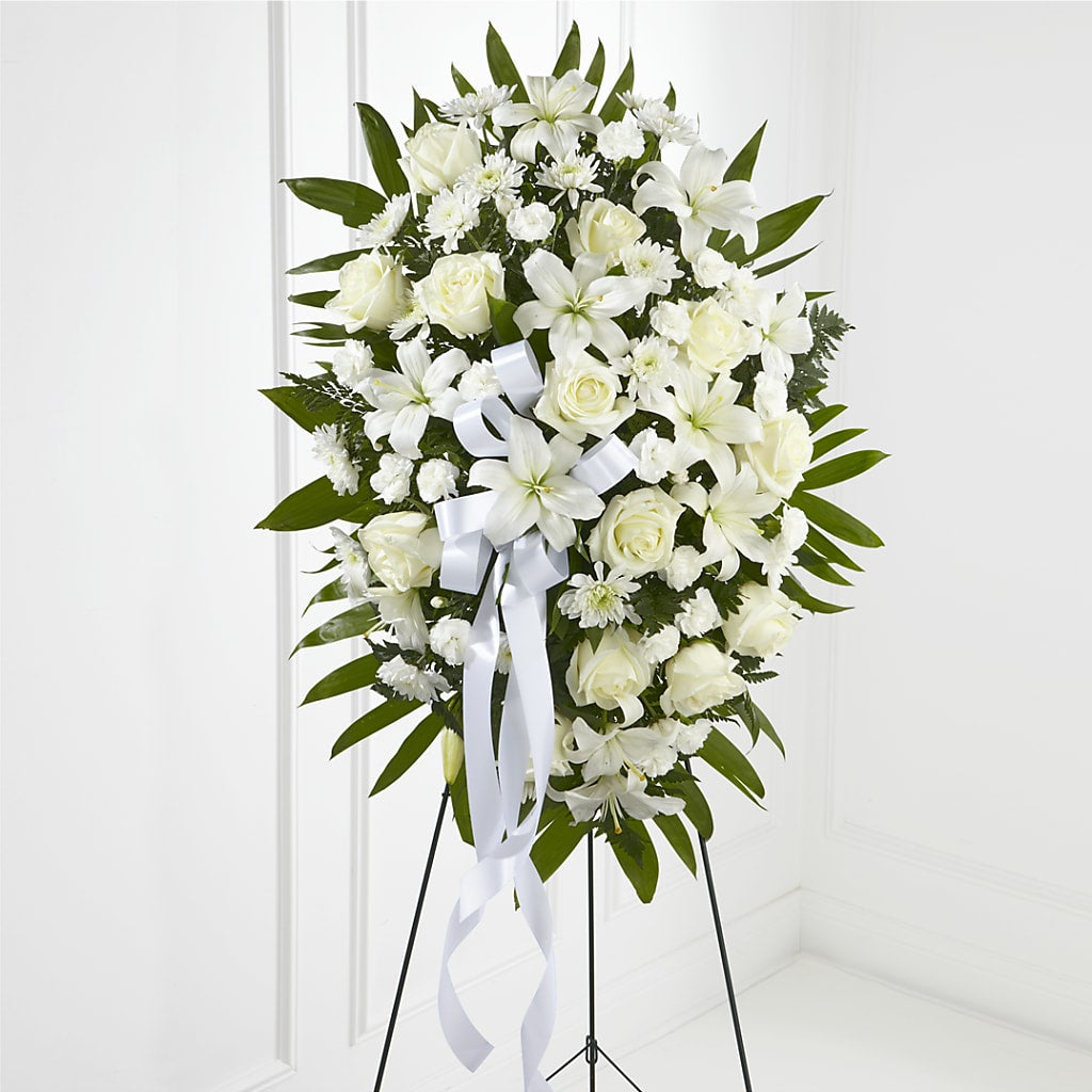 Exquisite Tribute Standing Spray-White Ribbon – Oaxaca Florist, Gaithersburg MD